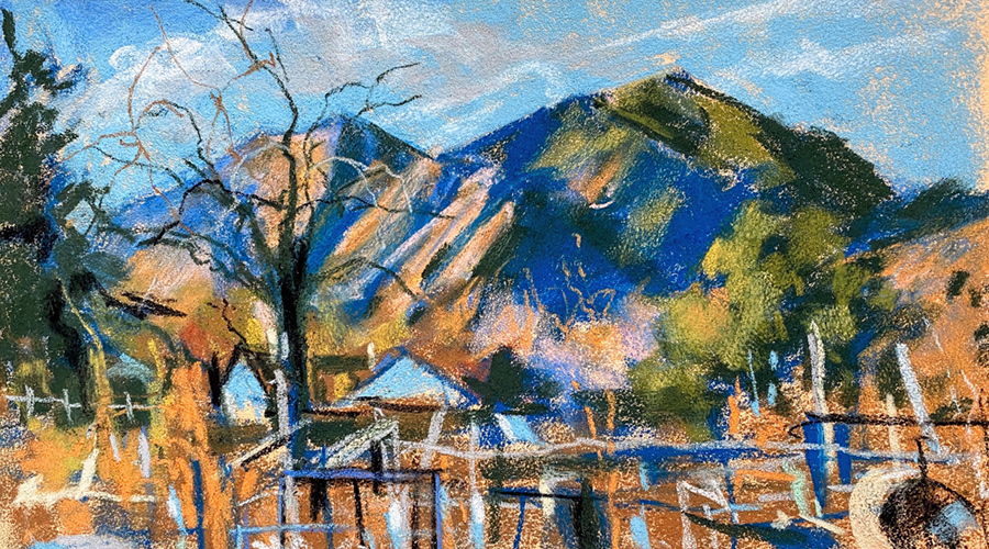 This is a painting of a morning scene across a mountain by Anne Kullaf. It is very vibrant and colorful, yet earthy and grounded.
